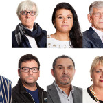 Ordförande Thomas Hammarberg. Övre raden från vänster Marianne Eliason, Eleonor Frankemo, Gunno Gunnmo och Erland Kaldaras. Nedre raden från vänster Domino Kai, Stefano Kuzhicov, Soraya Post och Christian Åhlund.